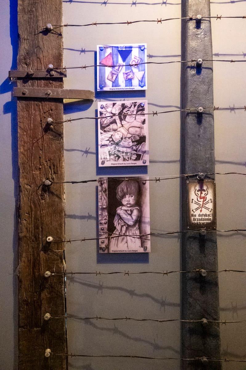 Historic family photographs mounted on a wooden railcar door