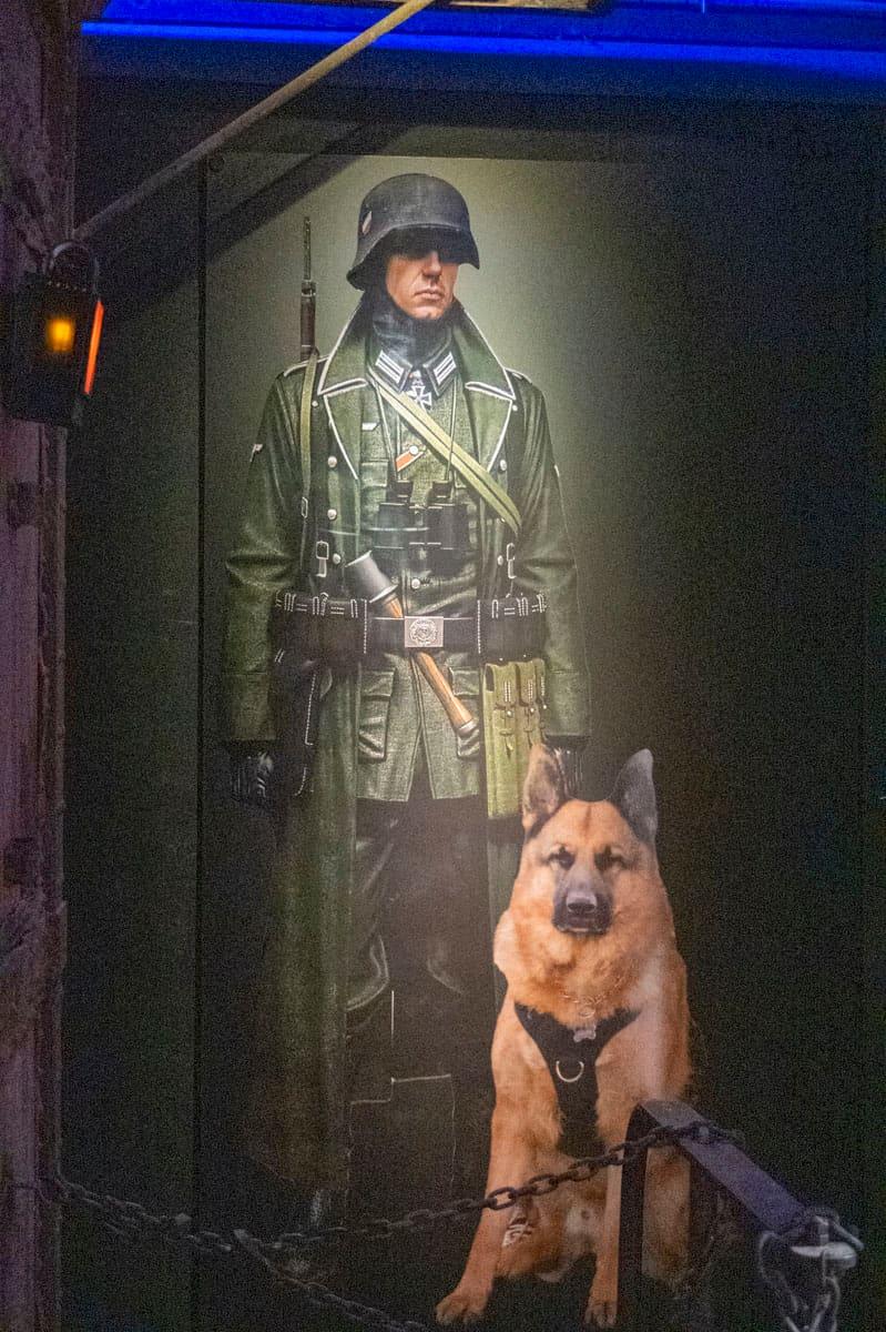 Illustration of a uniformed soldier standing with a German shepherd