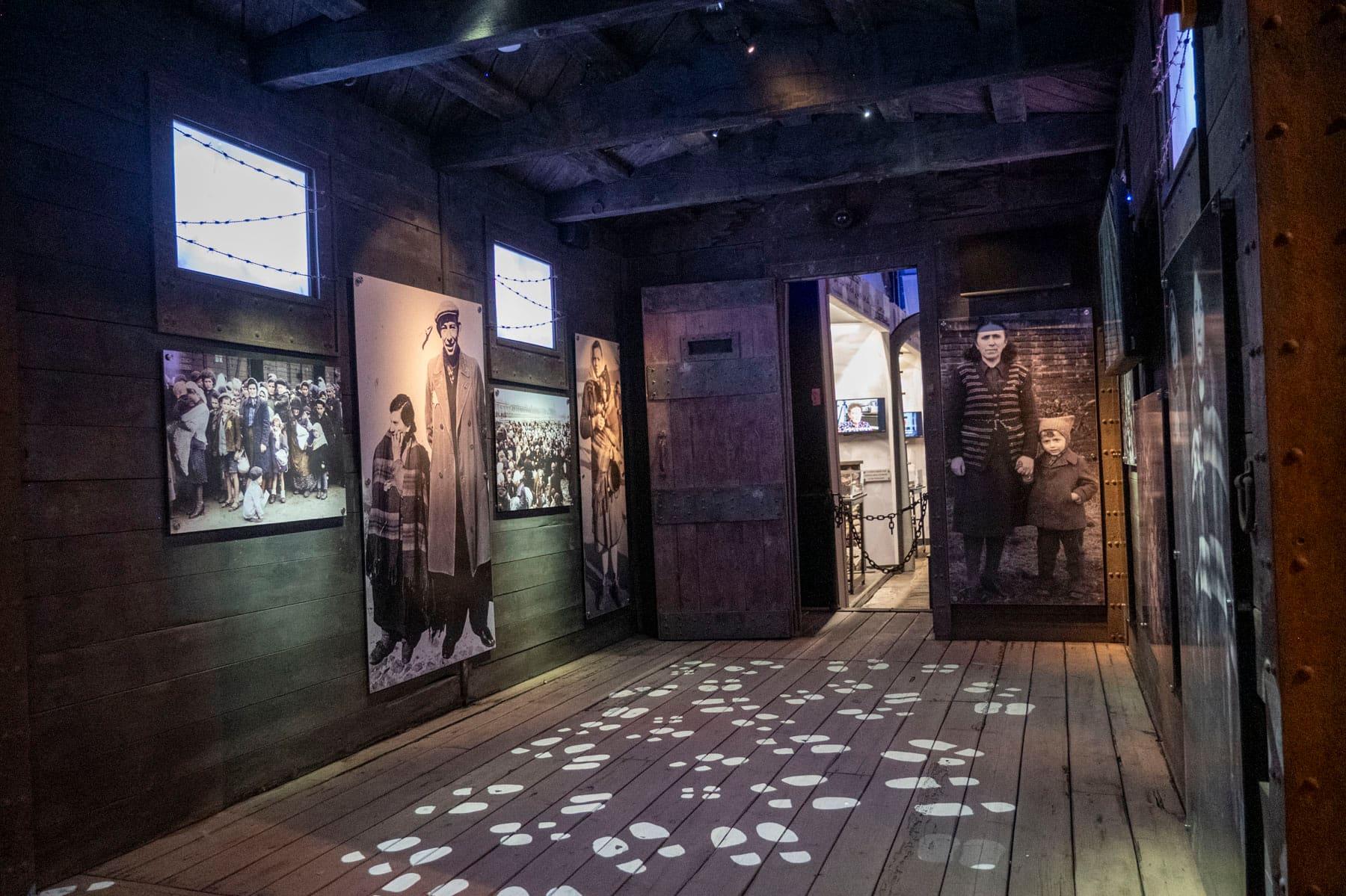 Footprint graphics leading through a room of historical displays
