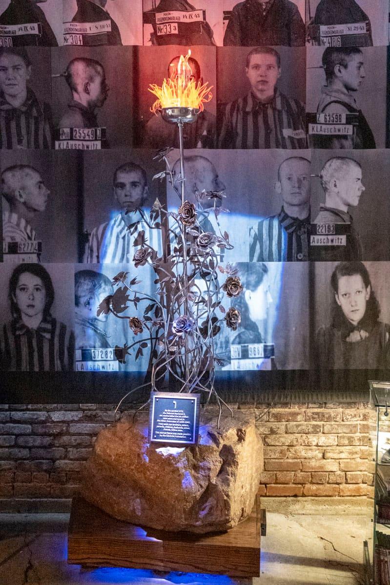 Memorial installation set before a wall of historic portraits