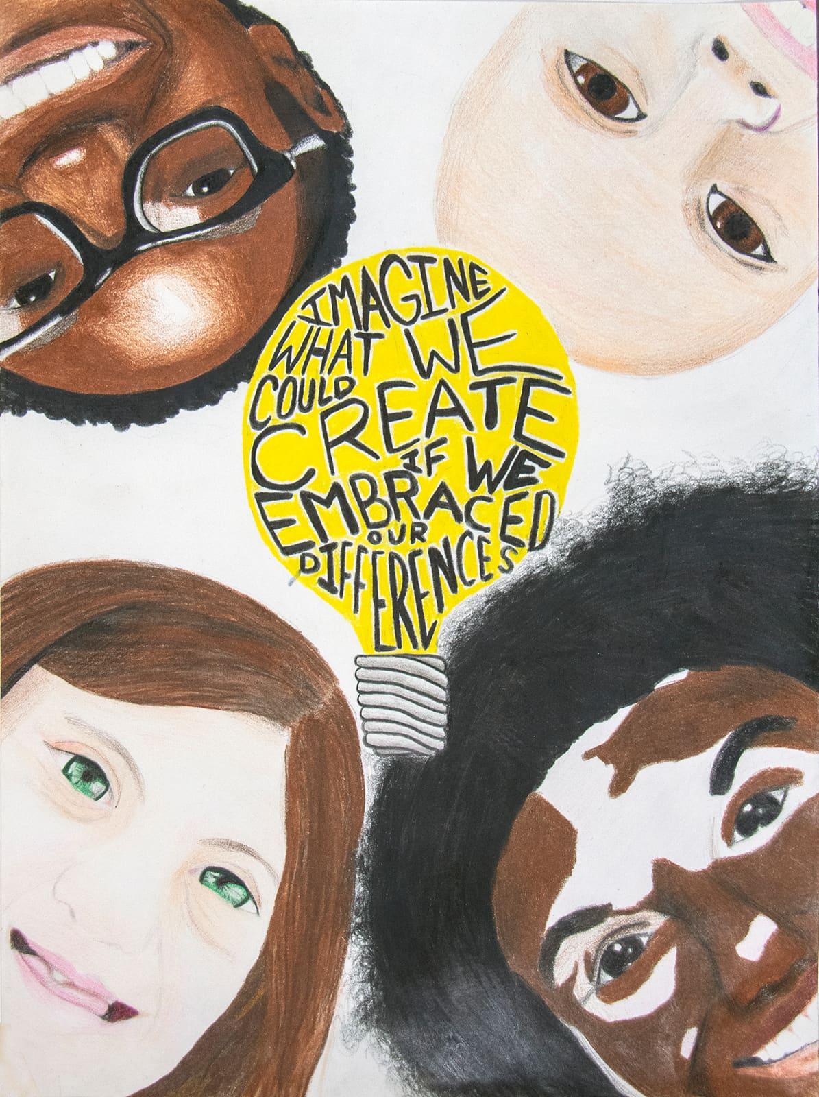 Drawing of four faces surrounding a lightbulb filled with words about embracing differences.