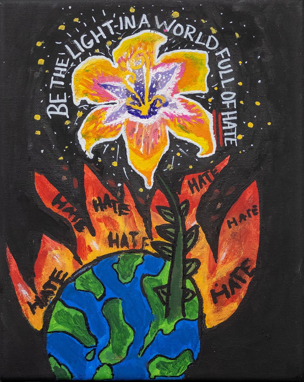 Artwork shows a bright flower growing above a globe surrounded by flames.
