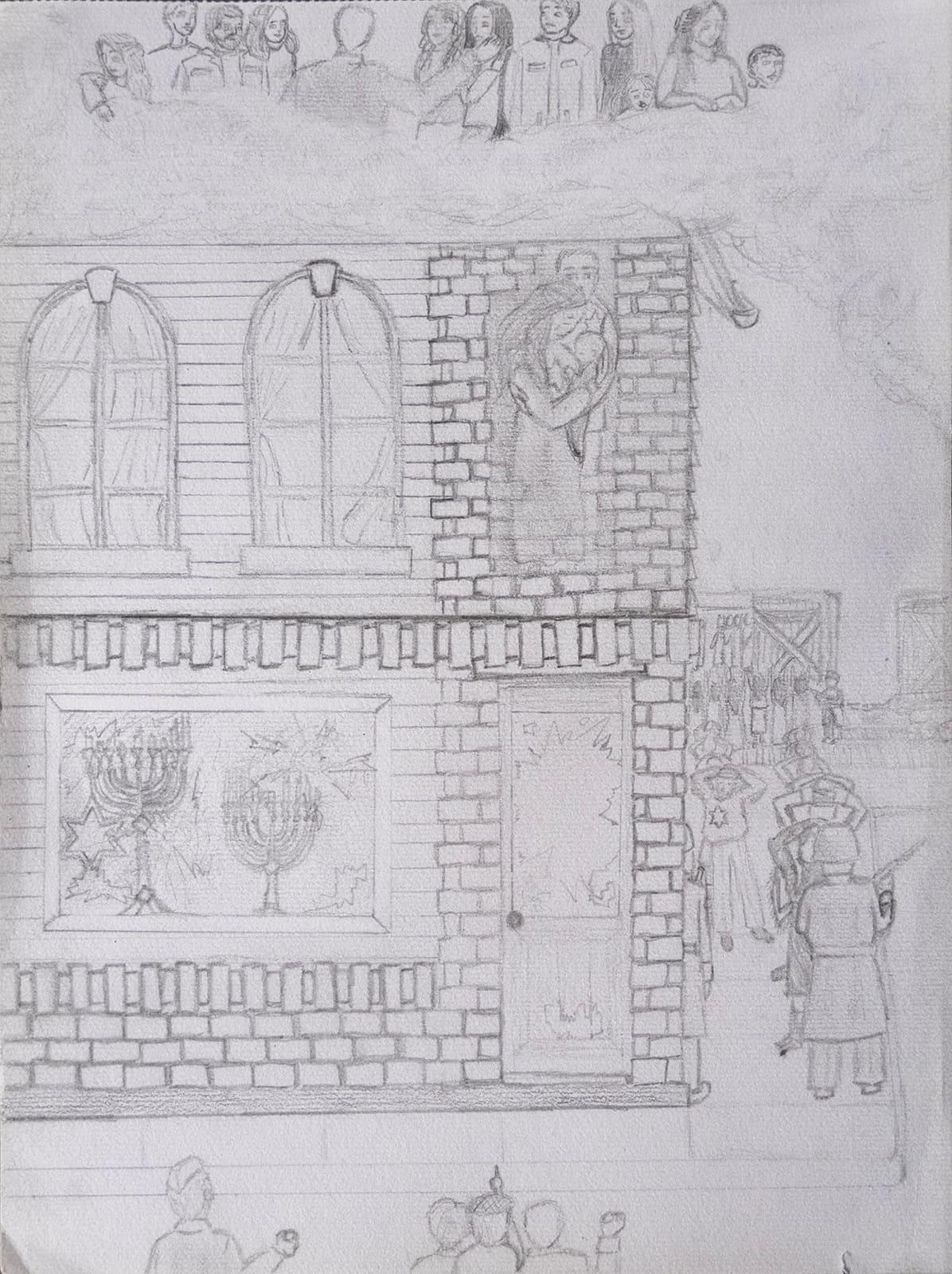 Pencil drawing of a multi-level interior filled with small figures.