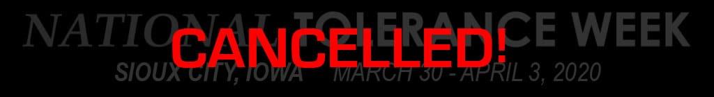A black banner announces National Tolerance Week as canceled.
