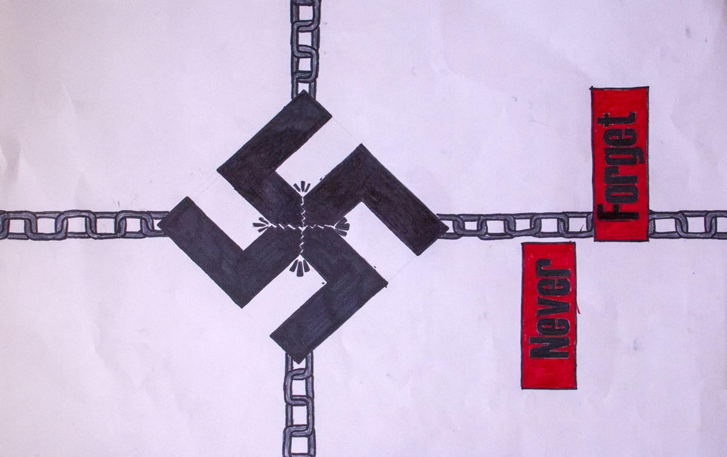 Abstract artwork shows interlocking black symbols crossed by filmstrip lines and red labels.