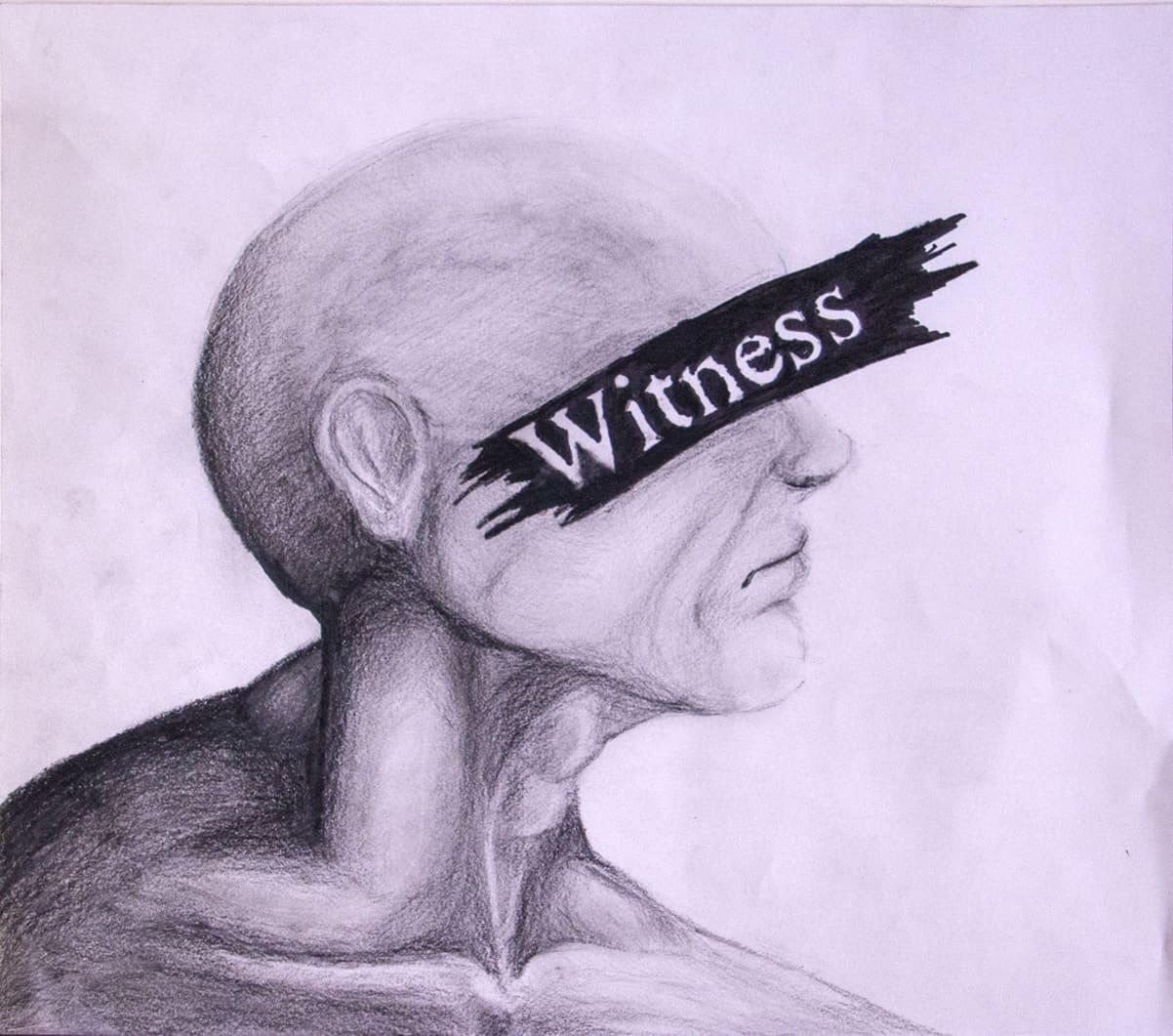 Pencil drawing of a bald profile with a black brushstroke labeled “Witness” across the eyes.