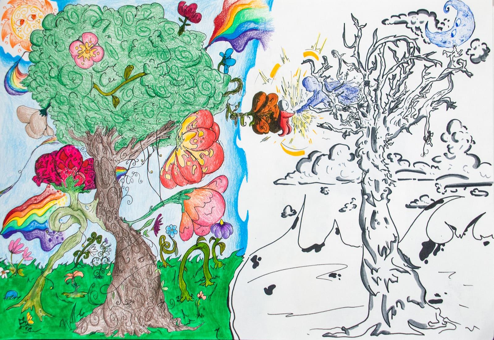Split-scene artwork contrasts a colorful flowering tree with a bare winter tree.