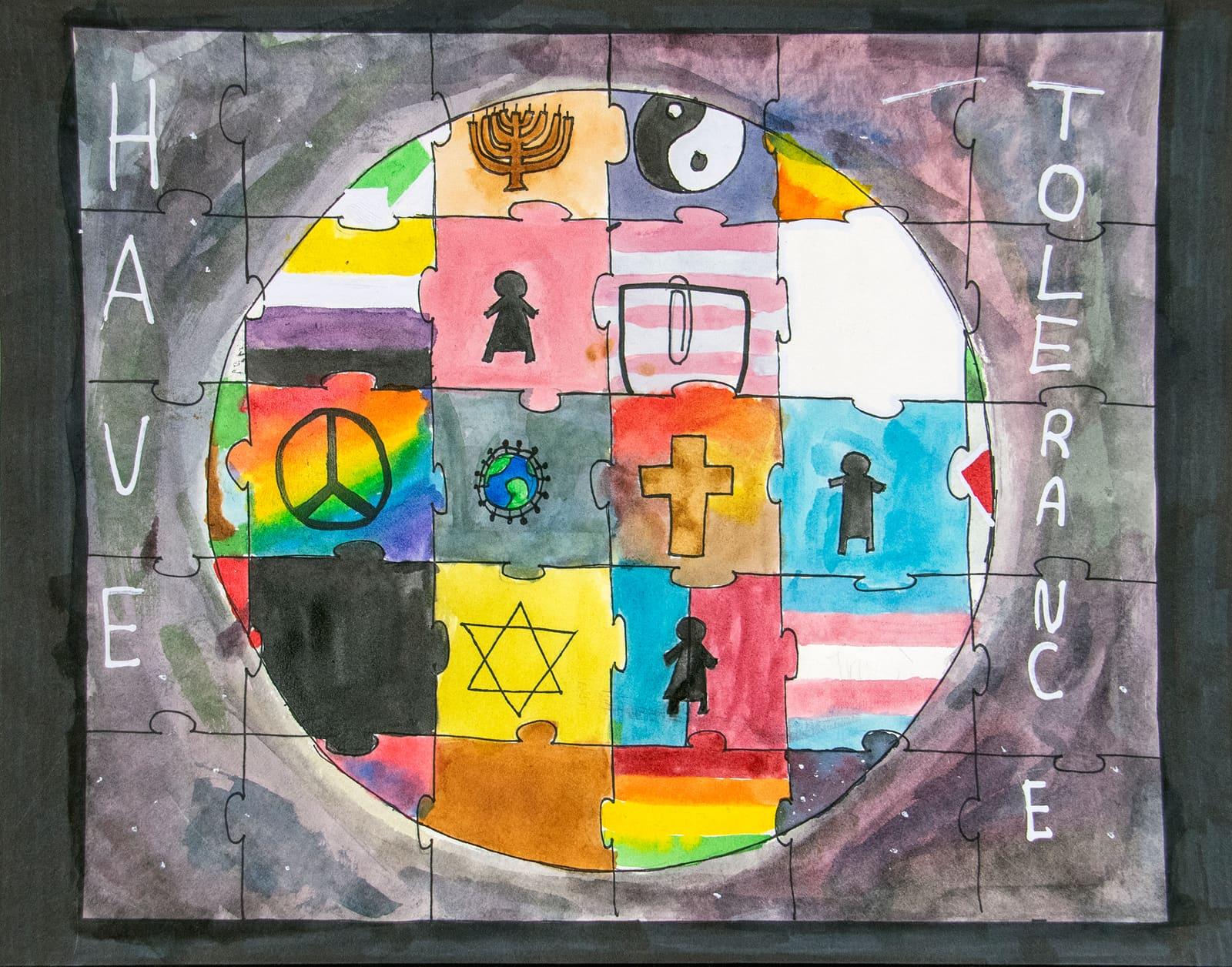 Circular artwork combines colorful religious and peace symbols.