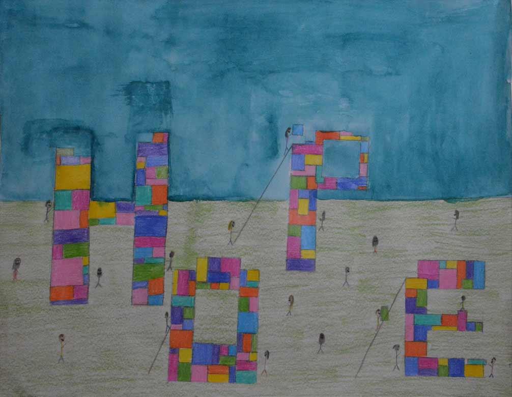 Artwork forms the word “WE” from colorful rectangular blocks.