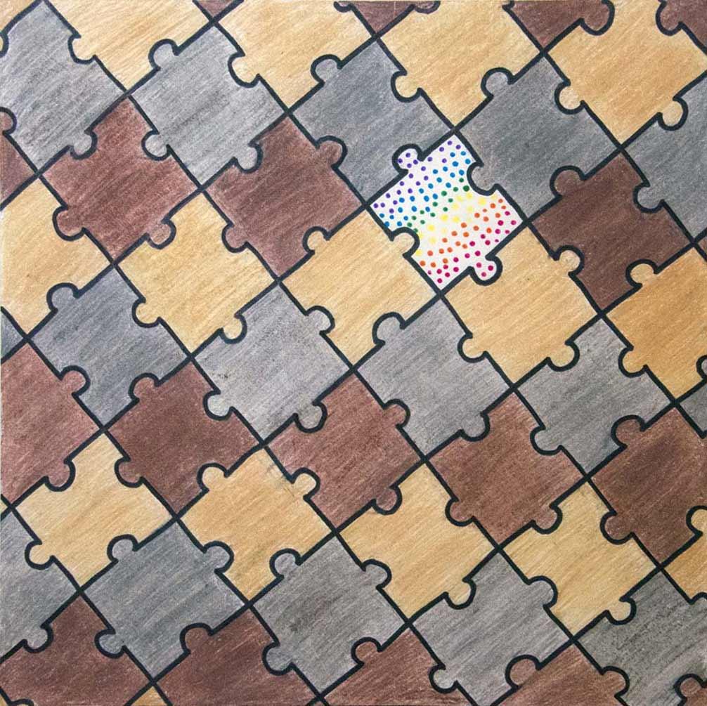 Artwork shows interlocking puzzle pieces in varied colors and patterns.