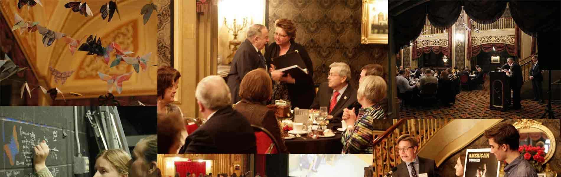 A collage combines small photographs of speakers, guests, buses, and a choir.