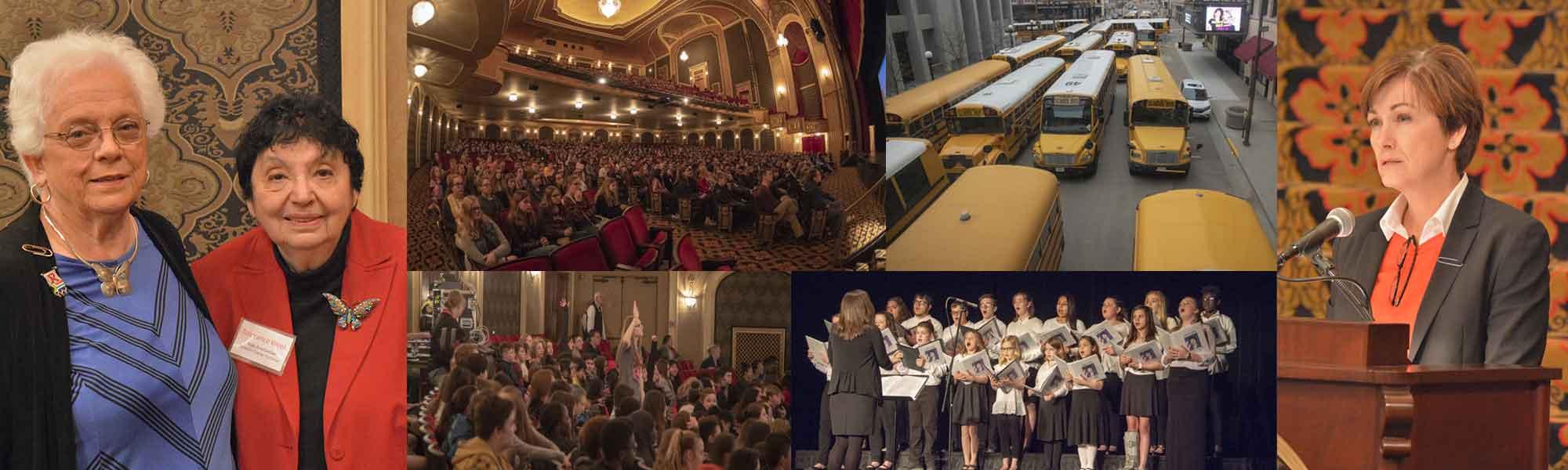 A collage combines portraits, a choir, school buses, and a speaker.