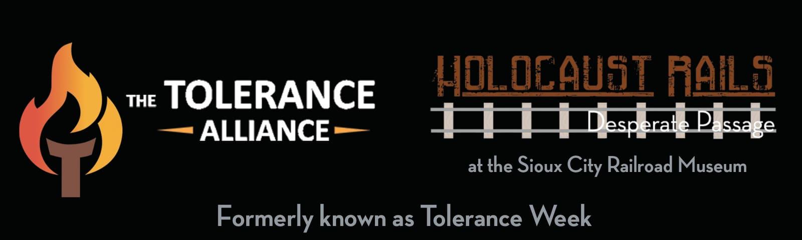 Long black banner with Tolerance Alliance and Holocaust Rails logos.