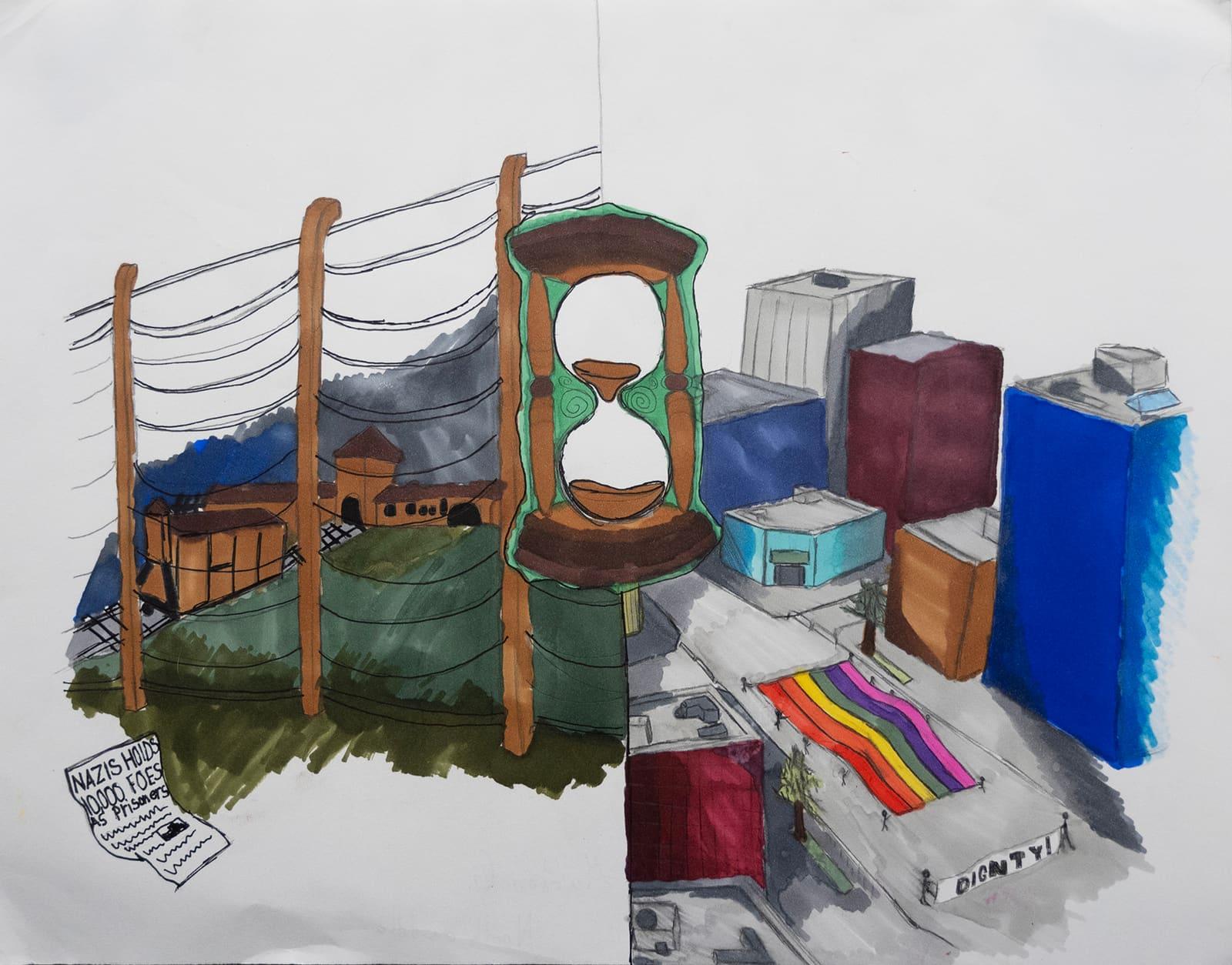 Drawing combines camp fencing, an hourglass, papers, and colorful suitcases.