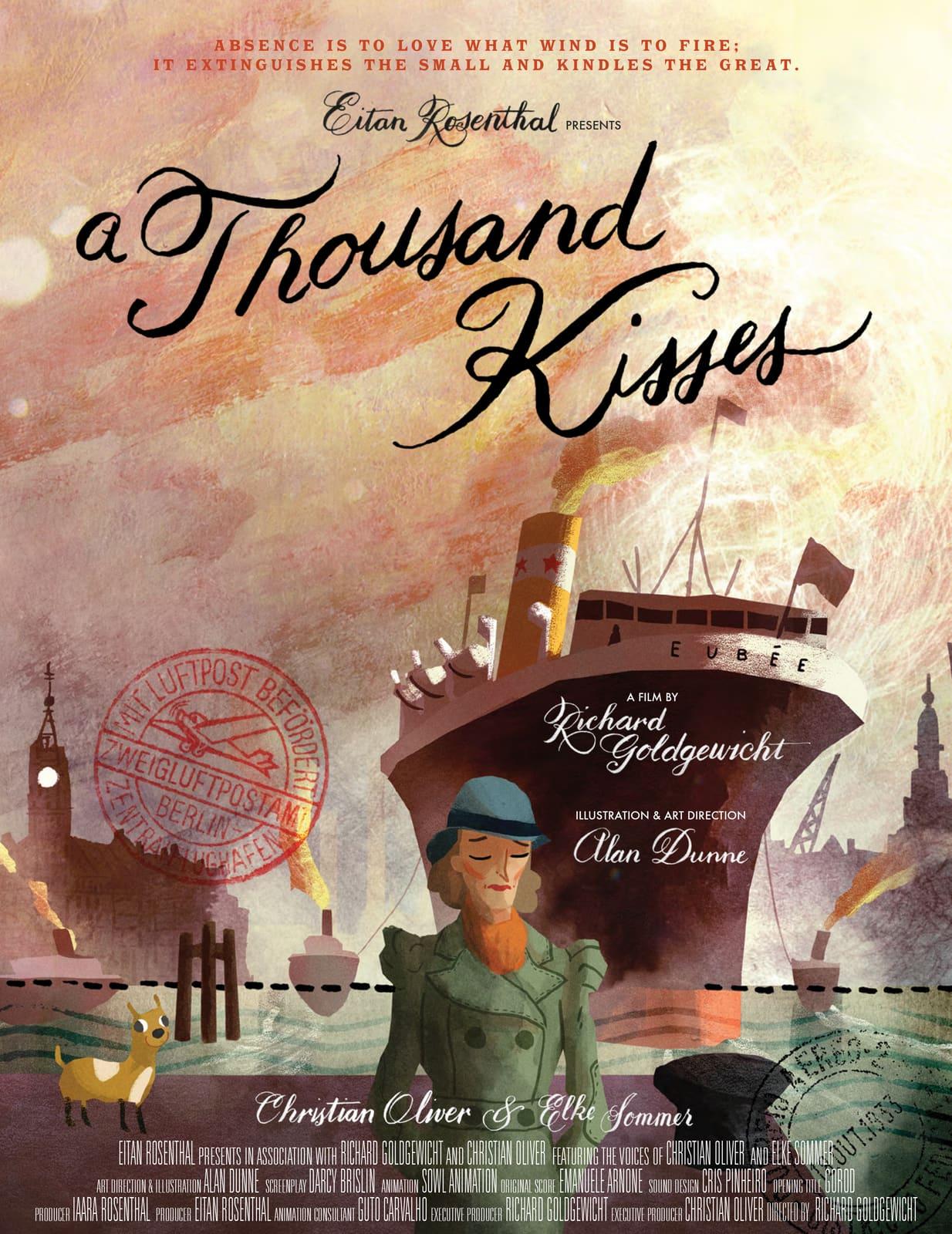 Illustrated “A Thousand Kisses” poster with a woman, ocean liner, dog, and waterfront skyline.