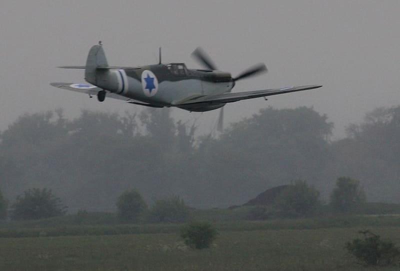 A dark propeller airplane flies low over a grassy field beneath a gray sky.