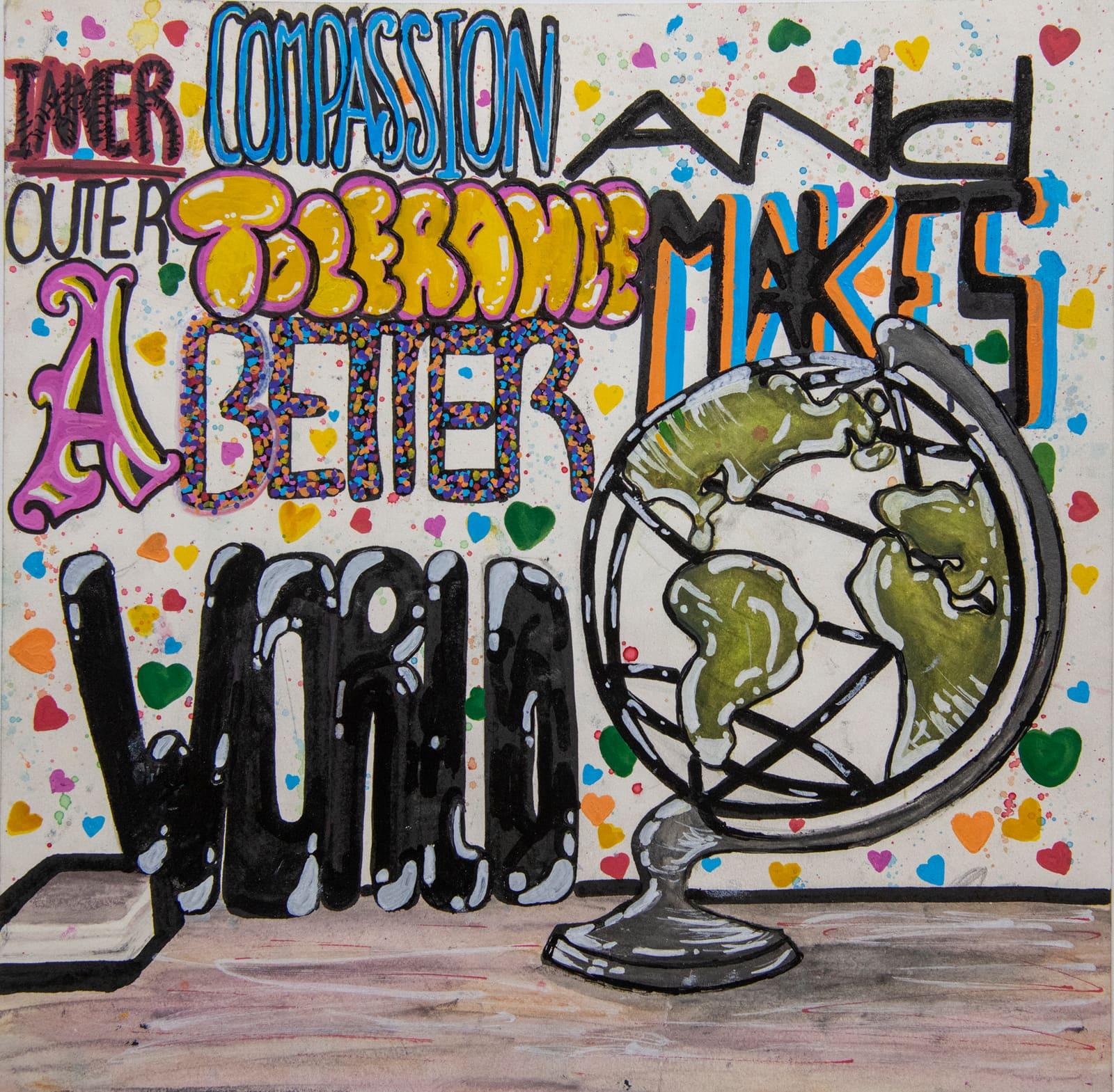 Colorful student artwork combines bold lettering, scattered hearts, and a globe wrapped by a hand.