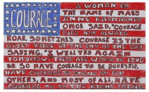 Hand-drawn American flag filled with a quotation about courage in red, white, and blue lettering.