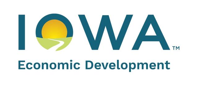 Iowa Economic Development logo with teal “IOWA” and name text beside a yellow-and-green landscape circle.