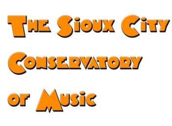 Sioux City Conservatory of Music logo with chunky orange name text outlined in black.