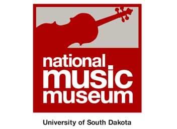 National Music Museum logo with a red-and-gray panel, dark red stringed-instrument silhouette, large white name text, and a small black affiliation line.