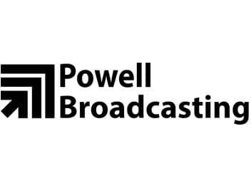 Powell Broadcasting logo with bold black name text beside a geometric black arrow mark.
