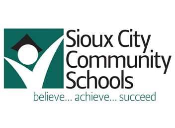 Logo stored for South Sioux City Schools with stacked black school-name text, a teal square and white abstract figure, and a gray tagline.
