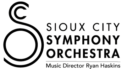 Sioux City Symphony Orchestra logo with a black looping S mark and stacked black name text.