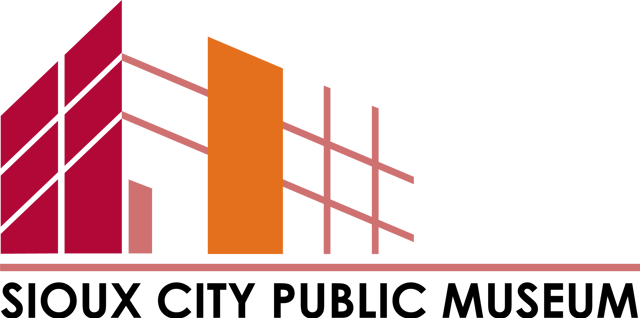 Sioux City Museum logo mark with maroon, orange, and muted pink geometric building shapes and horizontal lines.